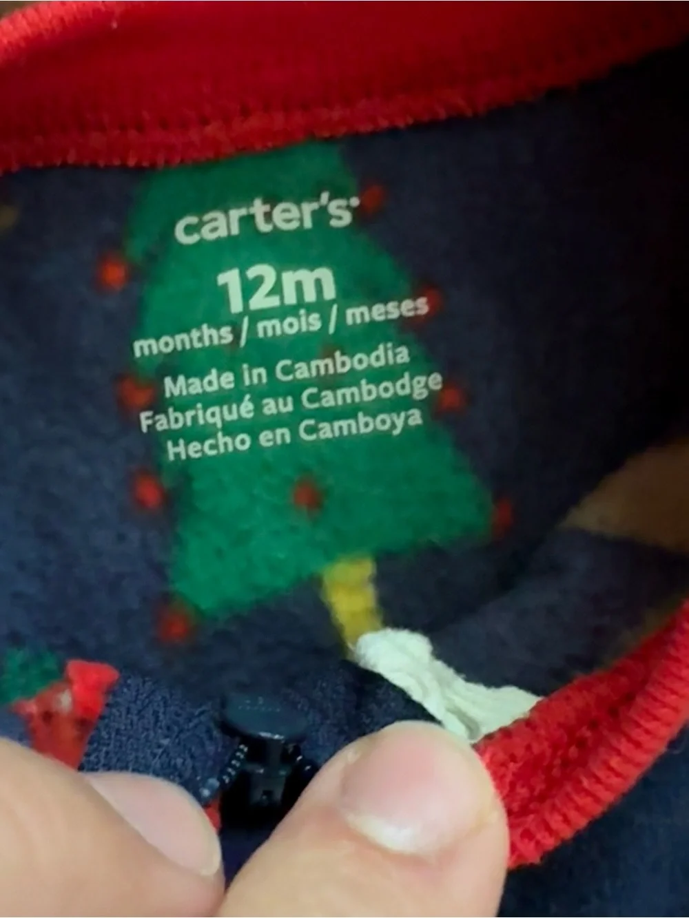 Carter's Navy Blue Holiday Sloth Footed One-Piece Pajamas with Red Trim 12 month